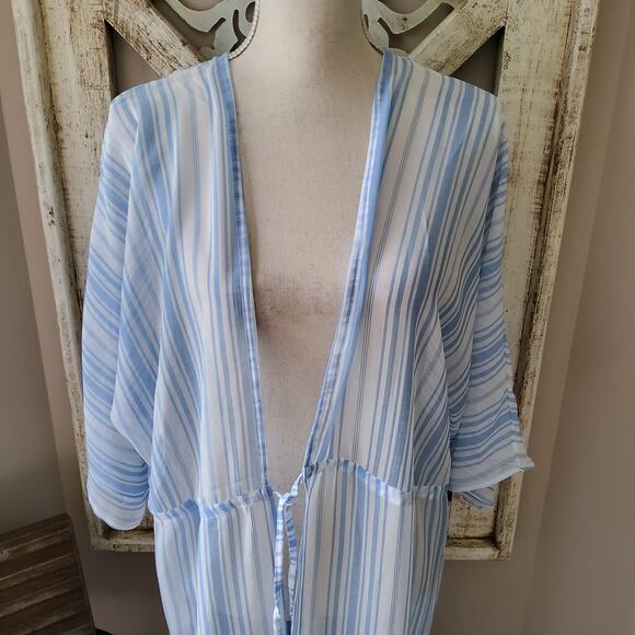 Very J Resort Sheer Stripe Tie Front Swimsuit Coverup Kimono Top in Blue & White - Picture 3 of 11